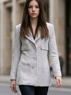 CHANEL Silver-Gray Textured Single-Breasted Blazer Jacket